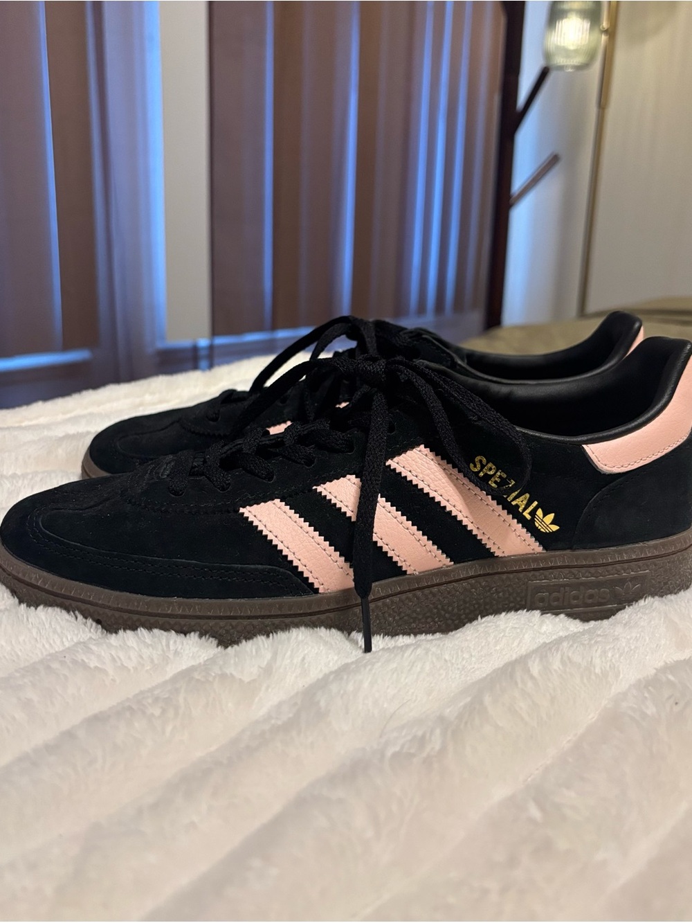 adidas Women’s Black Suede Sneakers with Pink Stripes